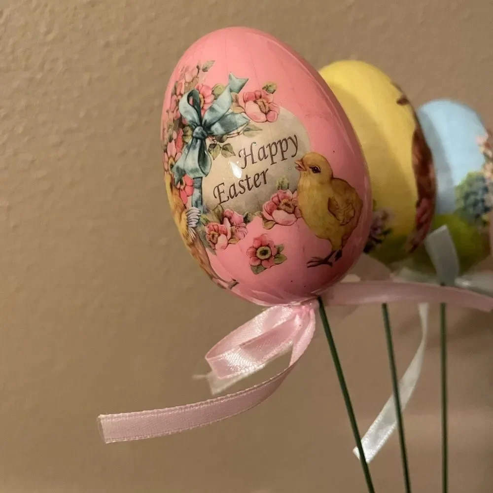 Vintage Decoupage Eggs with Vintage Easter Prints on Long Wire Picks with Ribbon